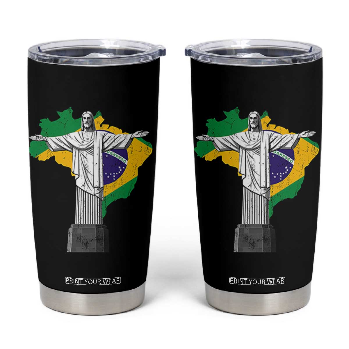 Brazilian Pride Christ the Redeemer Statue Latin America Brazil Map Tumbler Cup TS11 Black Print Your Wear