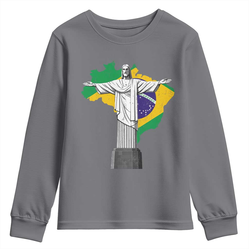 Brazilian Pride Christ the Redeemer Statue Latin America Brazil Map Youth Sweatshirt TS11 Charcoal Print Your Wear