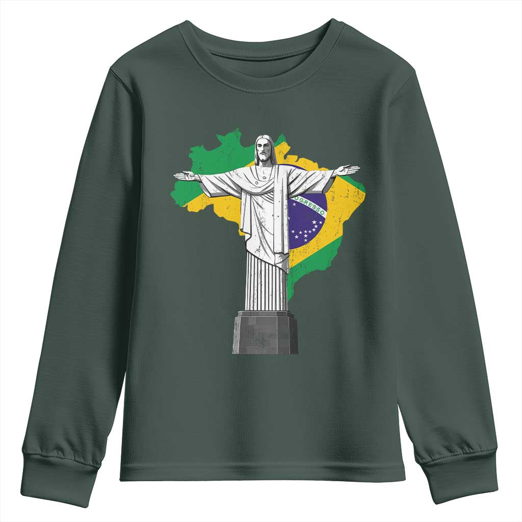 Brazilian Pride Christ the Redeemer Statue Latin America Brazil Map Youth Sweatshirt TS11 Dark Forest Green Print Your Wear