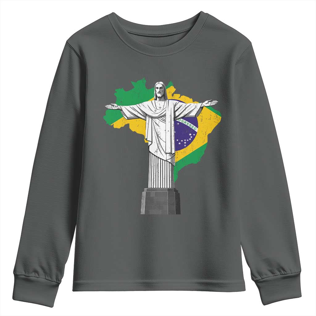 Brazilian Pride Christ the Redeemer Statue Latin America Brazil Map Youth Sweatshirt TS11 Dark Heather Print Your Wear