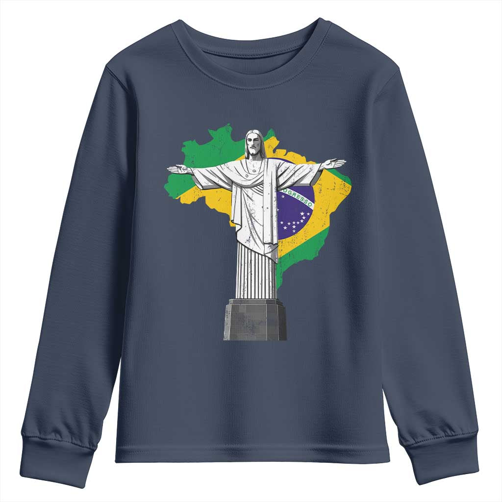 Brazilian Pride Christ the Redeemer Statue Latin America Brazil Map Youth Sweatshirt TS11 Navy Print Your Wear