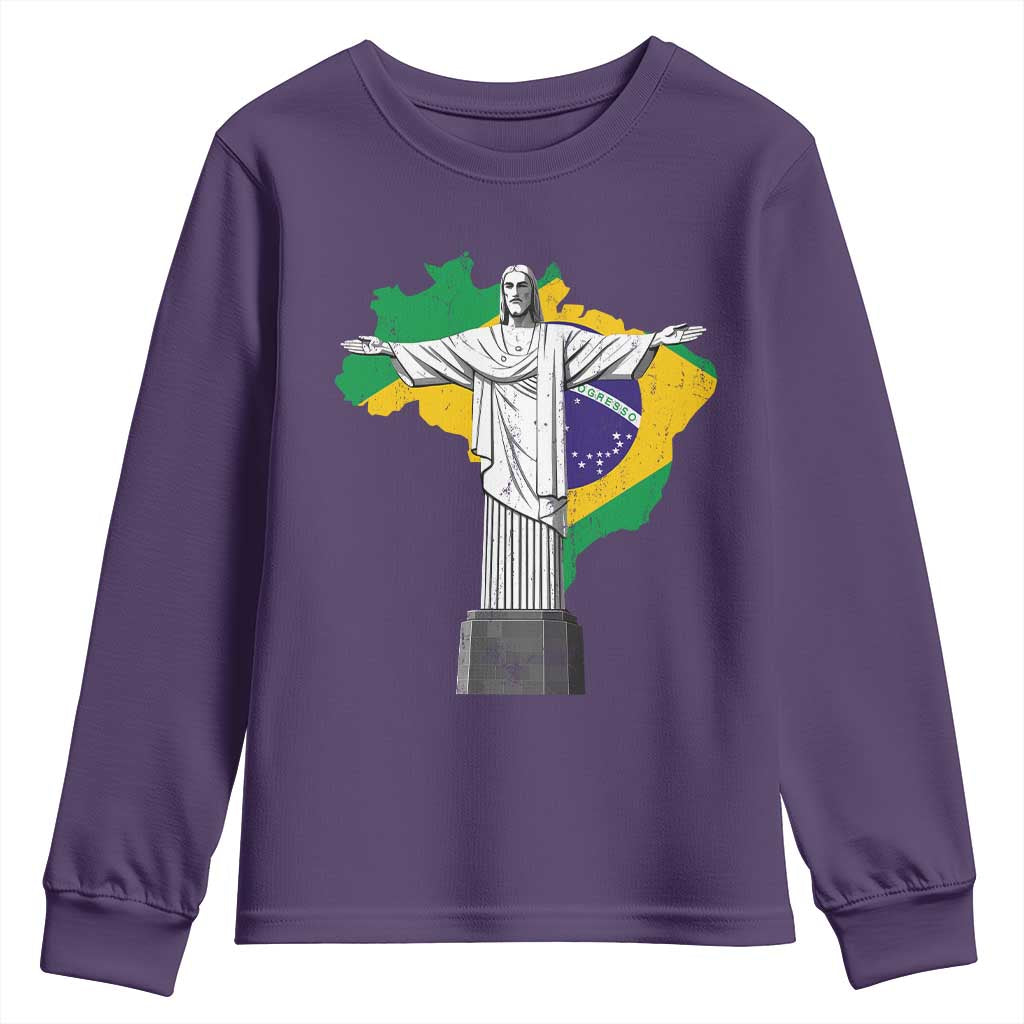 Brazilian Pride Christ the Redeemer Statue Latin America Brazil Map Youth Sweatshirt TS11 Purple Print Your Wear