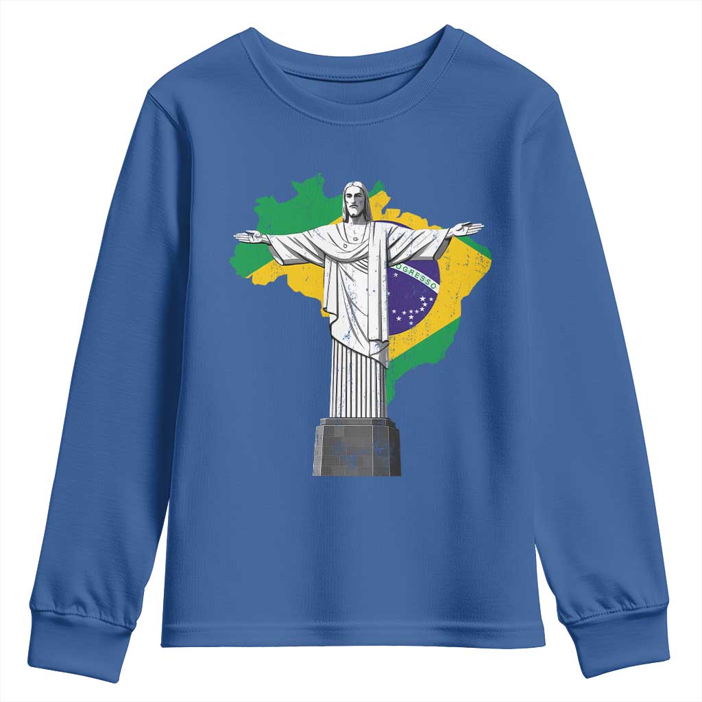 Brazilian Pride Christ the Redeemer Statue Latin America Brazil Map Youth Sweatshirt TS11 Royal Blue Print Your Wear