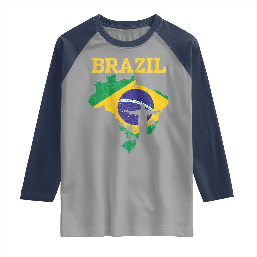 Brazilian Pride Christ the Redeemer Statue Latin America Raglan Shirt TS11 Sport Gray Navy Print Your Wear