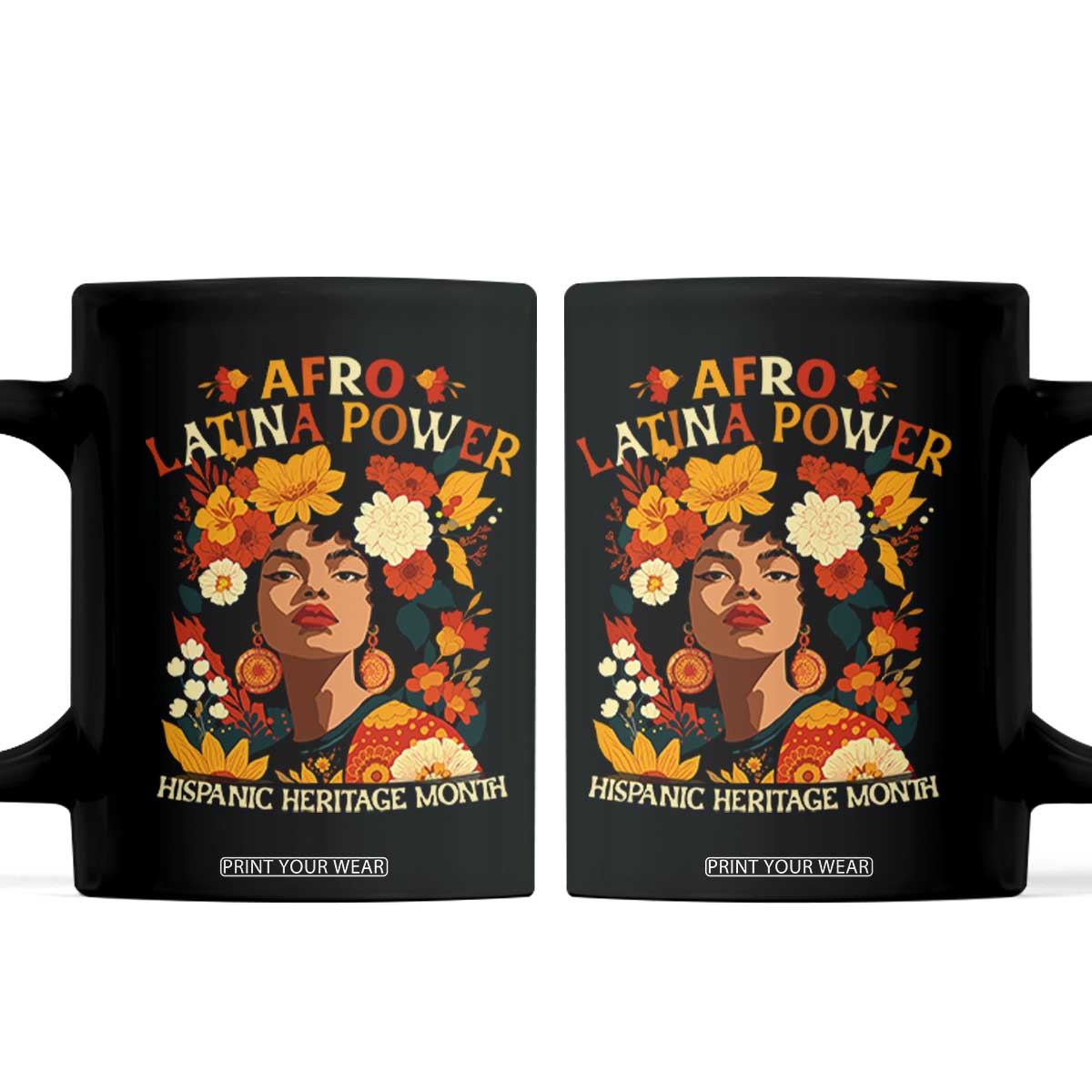 Afro Latina Power Coffee Mug Hispanic Heritage Month Flowers TS11 Black Print Your Wear