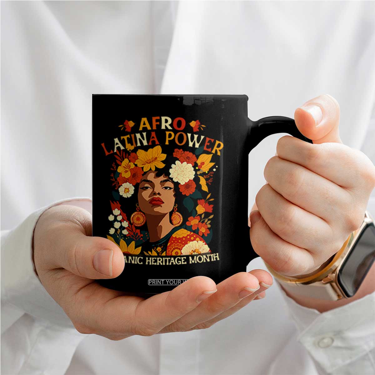 Afro Latina Power Coffee Mug Hispanic Heritage Month Flowers TS11 Print Your Wear