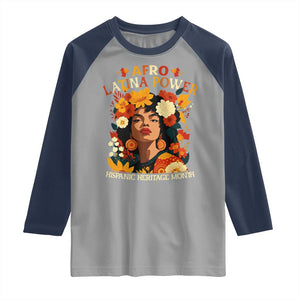 Afro Latina Power Raglan Shirt Hispanic Heritage Month Flowers TS11 Sport Gray Navy Print Your Wear