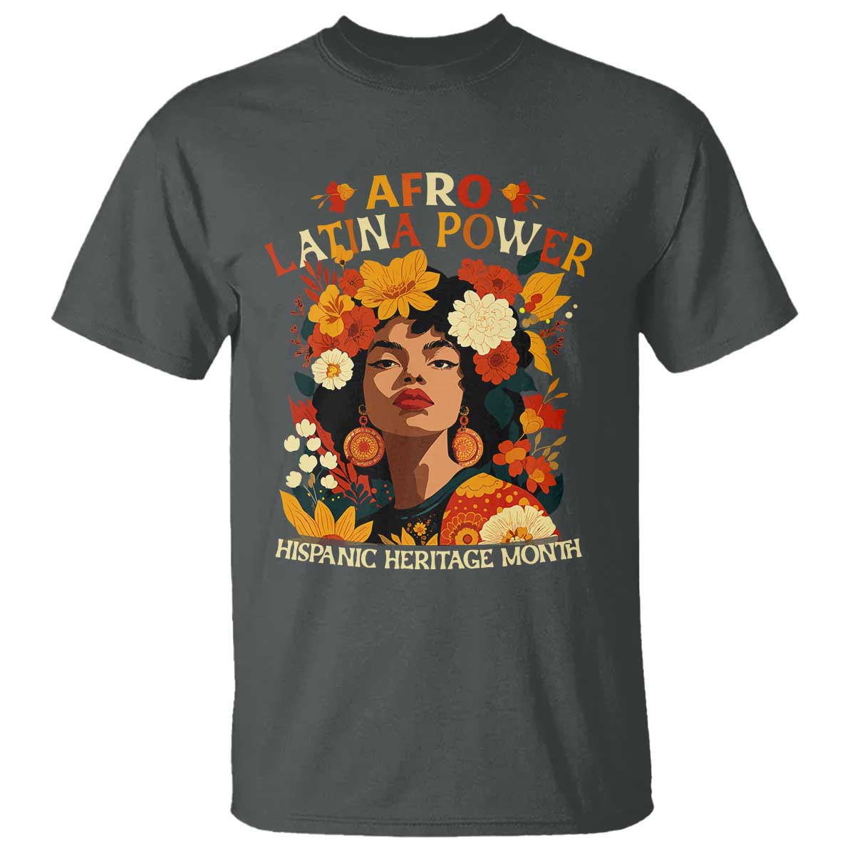 Afro Latina Power T Shirt Hispanic Heritage Month Flowers TS11 Dark Heather Print Your Wear