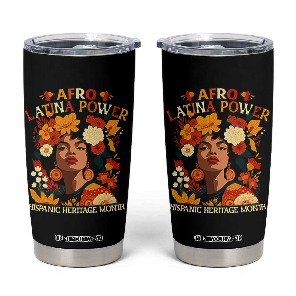 Afro Latina Power Tumbler Cup Hispanic Heritage Month Flowers TS11 Black Print Your Wear