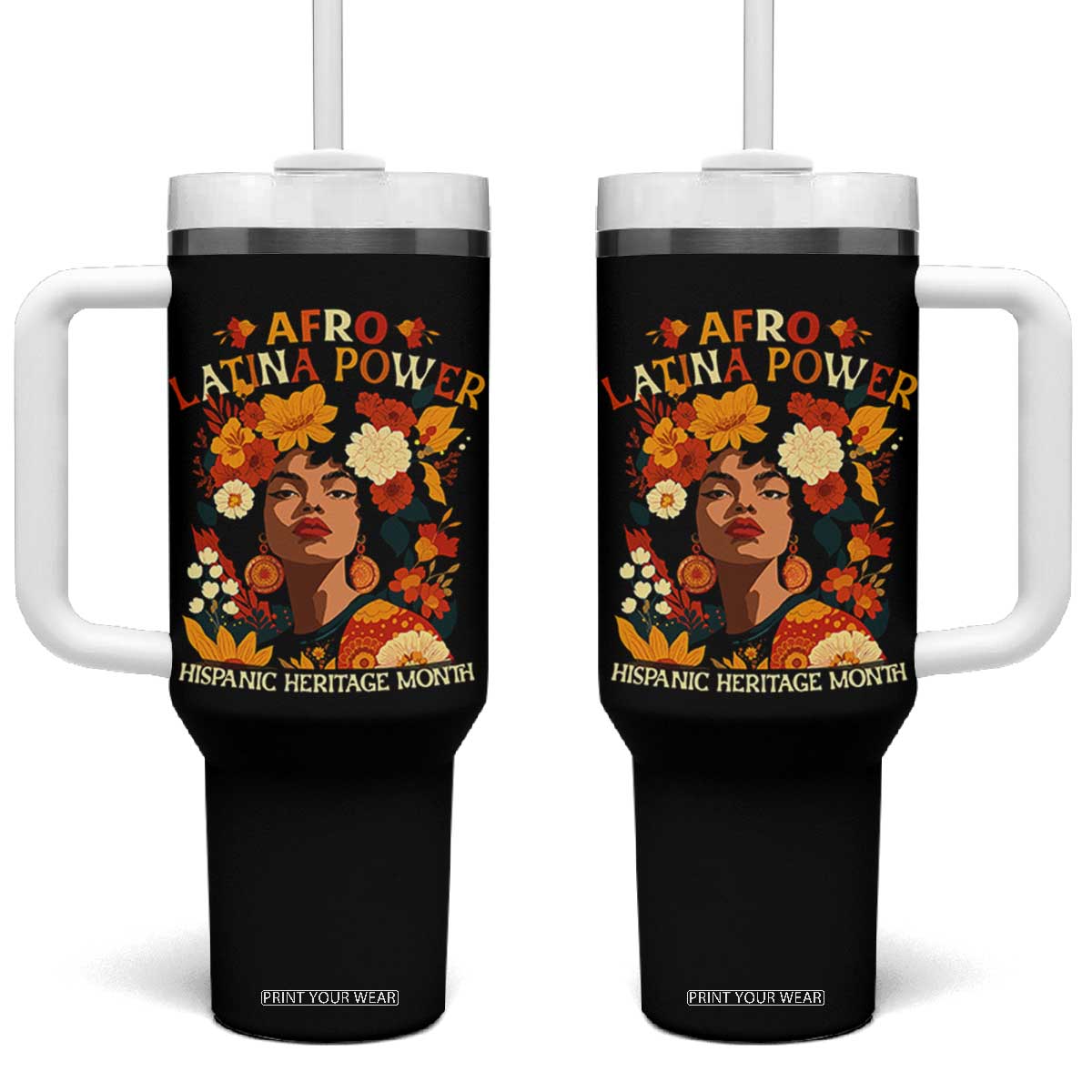 Afro Latina Power Tumbler With Handle Hispanic Heritage Month Flowers TS11 One Size: 40 oz Black Print Your Wear