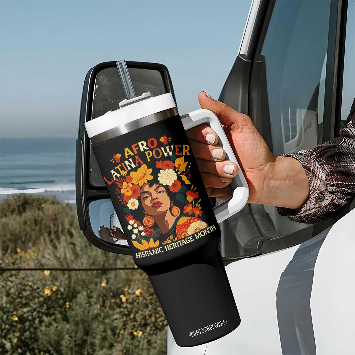 Afro Latina Power Tumbler With Handle Hispanic Heritage Month Flowers TS11 Print Your Wear