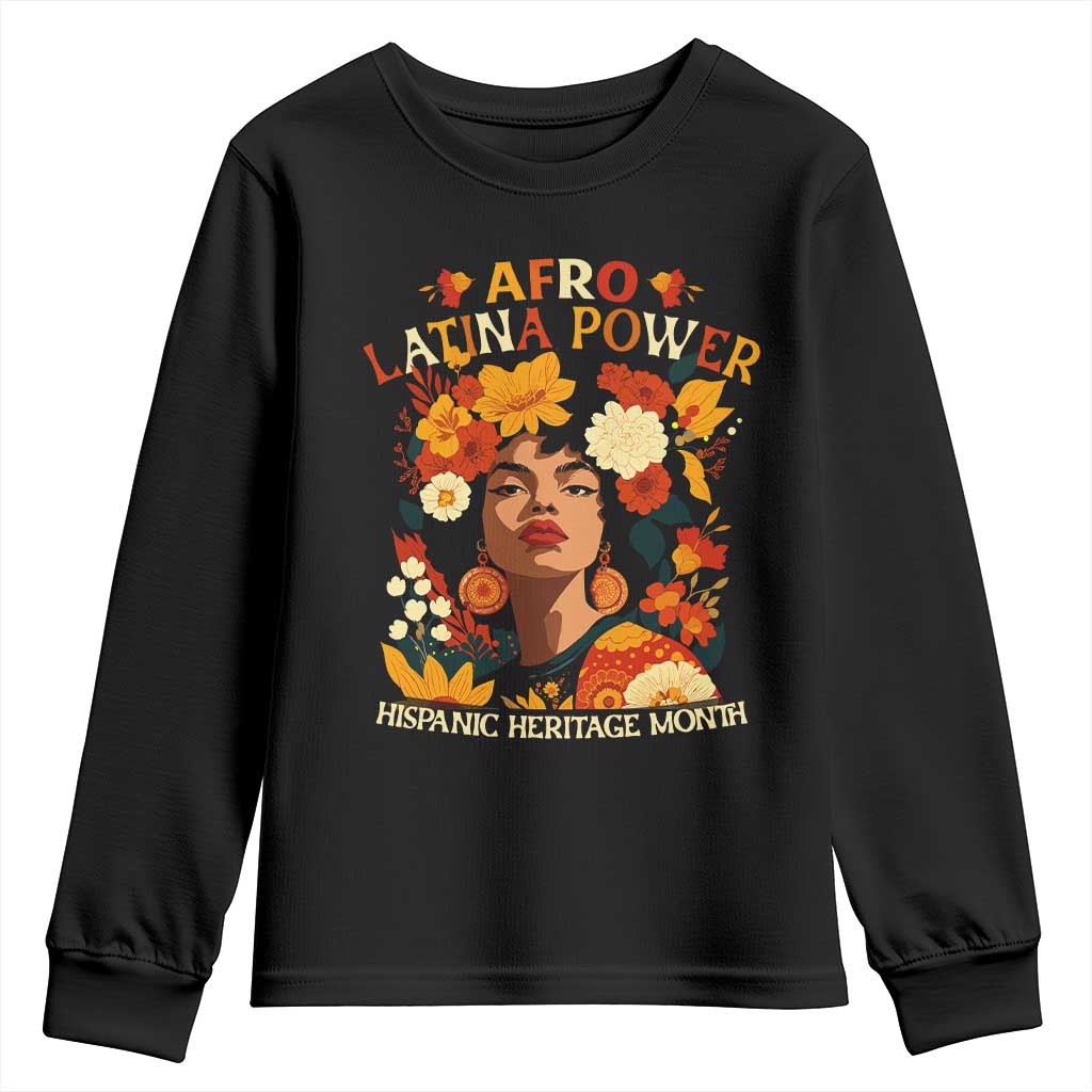 Afro Latina Power Youth Sweatshirt Hispanic Heritage Month Flowers TS11 Black Print Your Wear