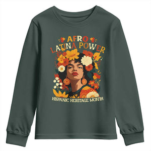 Afro Latina Power Youth Sweatshirt Hispanic Heritage Month Flowers TS11 Dark Forest Green Print Your Wear