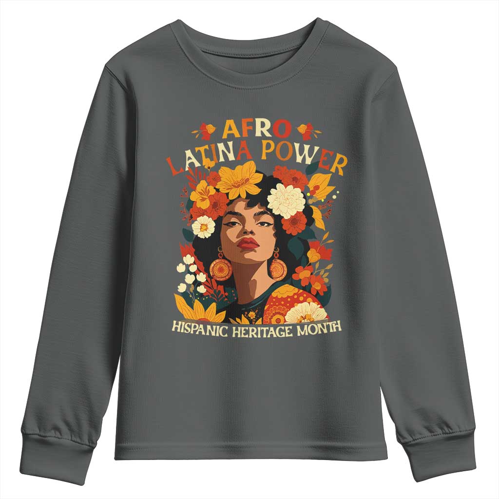 Afro Latina Power Youth Sweatshirt Hispanic Heritage Month Flowers TS11 Dark Heather Print Your Wear