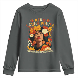 Afro Latina Power Youth Sweatshirt Hispanic Heritage Month Flowers TS11 Dark Heather Print Your Wear