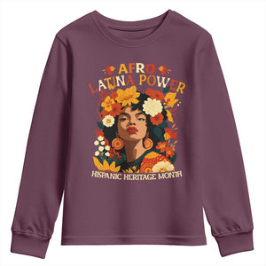 Afro Latina Power Youth Sweatshirt Hispanic Heritage Month Flowers TS11 Maroon Print Your Wear
