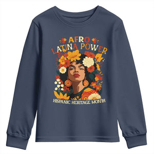 Afro Latina Power Youth Sweatshirt Hispanic Heritage Month Flowers TS11 Navy Print Your Wear