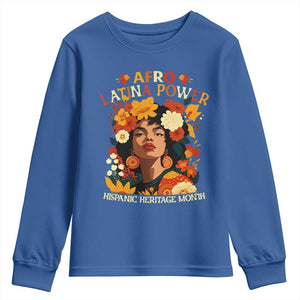 Afro Latina Power Youth Sweatshirt Hispanic Heritage Month Flowers TS11 Royal Blue Print Your Wear