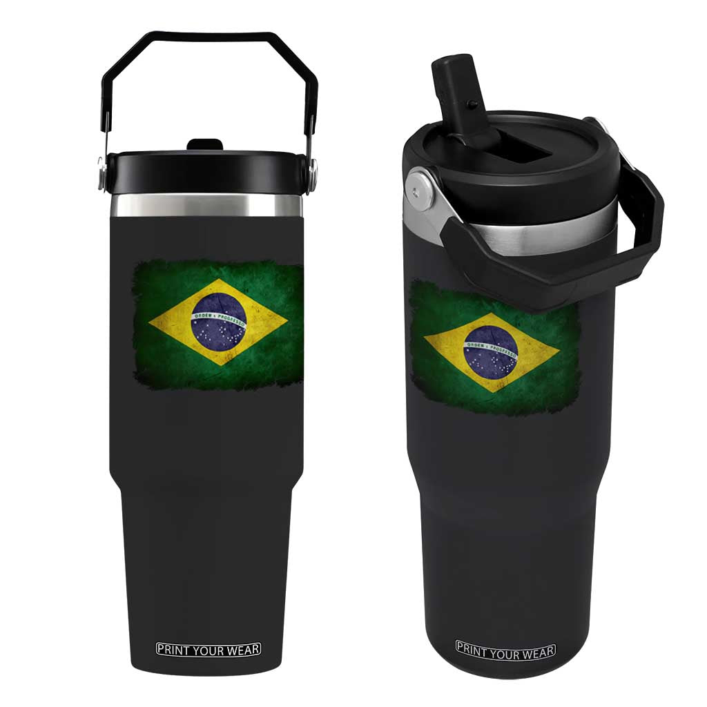 Brazilian Pride Latin America Vintage Brazil Flag Flip Straw Tumbler TS11 One Size: 30 oz Black Print Your Wear