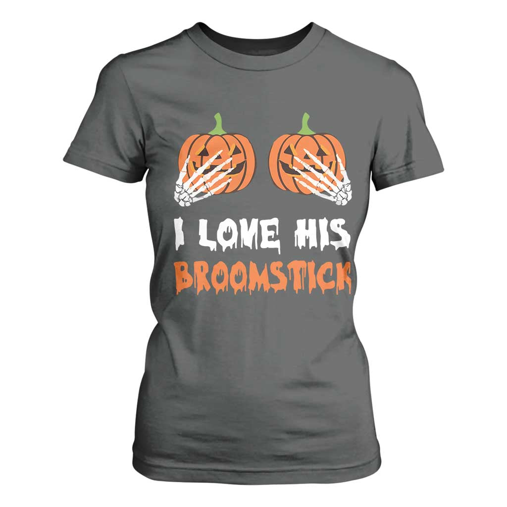 Halloween Couple Matching T Shirt For Women I Love His Broomstick Pumpkin Skeleton Hand TS11 Dark Heather Print Your Wear