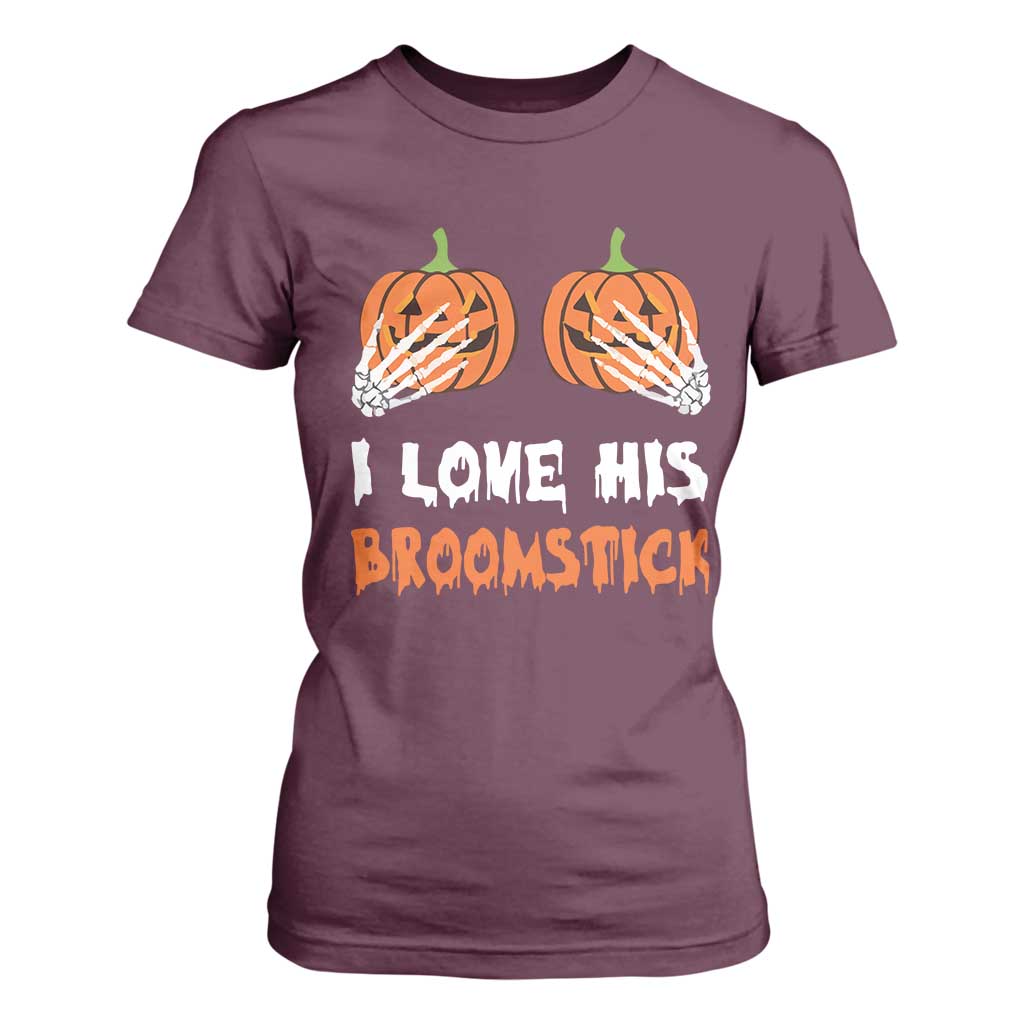 Halloween Couple Matching T Shirt For Women I Love His Broomstick Pumpkin Skeleton Hand TS11 Maroon Print Your Wear