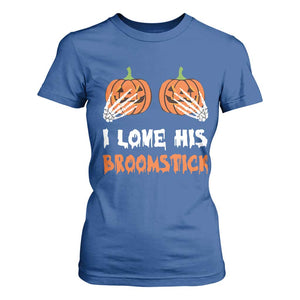 Halloween Couple Matching T Shirt For Women I Love His Broomstick Pumpkin Skeleton Hand TS11 Royal Blue Print Your Wear