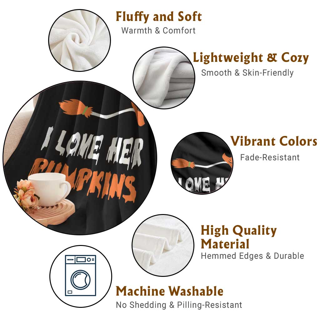 Halloween Couple Matching Throw Blanket I Love Her Pumpkins Broomstick Witch Hat TS11 Print Your Wear
