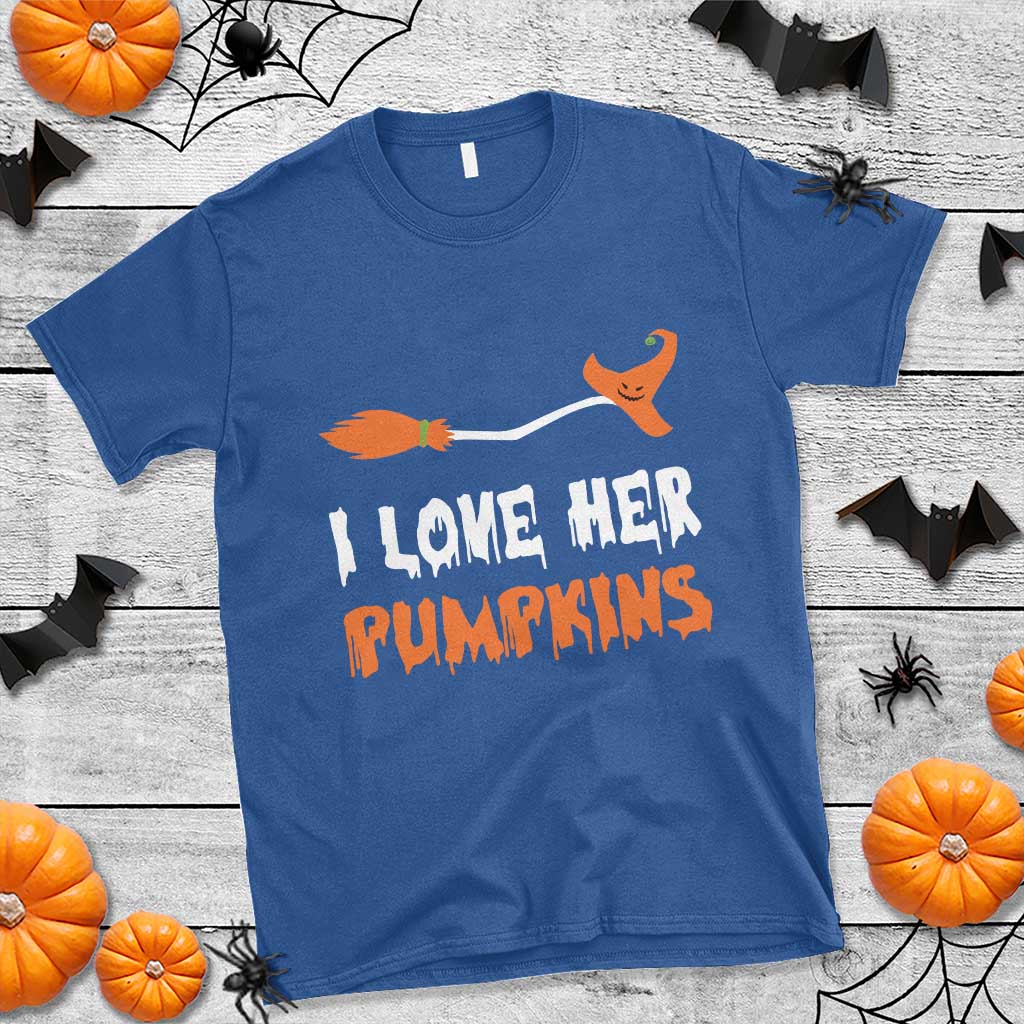 Halloween Couple Matching T Shirt I Love Her Pumpkins Broomstick Witch Hat TS11 Royal Blue Print Your Wear