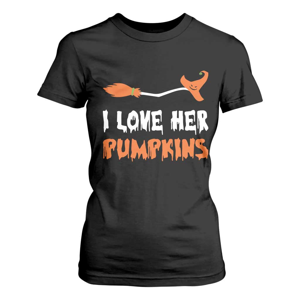 Halloween Couple Matching T Shirt For Women I Love Her Pumpkins Broomstick Witch Hat TS11 Black Print Your Wear