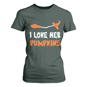 Halloween Couple Matching T Shirt For Women I Love Her Pumpkins Broomstick Witch Hat TS11 Dark Forest Green Print Your Wear