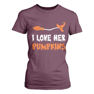 Halloween Couple Matching T Shirt For Women I Love Her Pumpkins Broomstick Witch Hat TS11 Maroon Print Your Wear