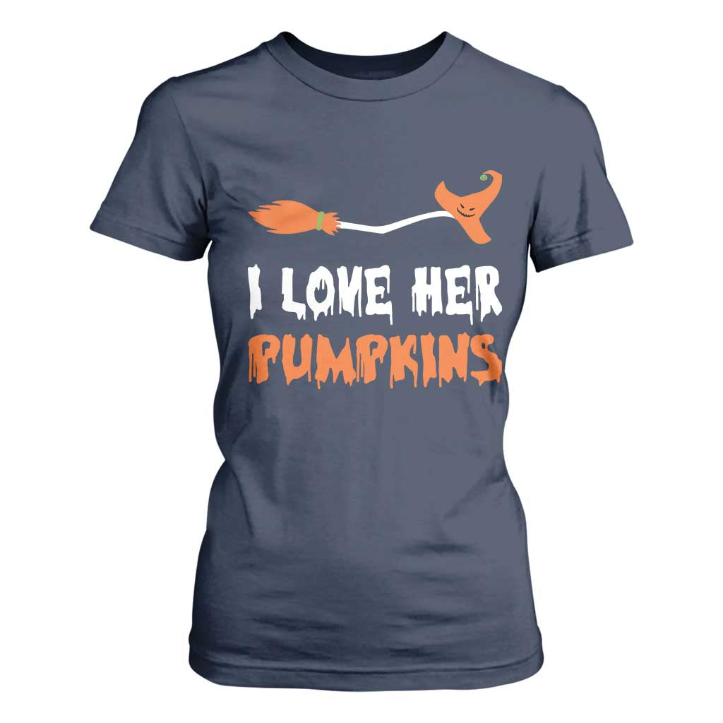 Halloween Couple Matching T Shirt For Women I Love Her Pumpkins Broomstick Witch Hat TS11 Navy Print Your Wear