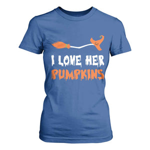 Halloween Couple Matching T Shirt For Women I Love Her Pumpkins Broomstick Witch Hat TS11 Royal Blue Print Your Wear