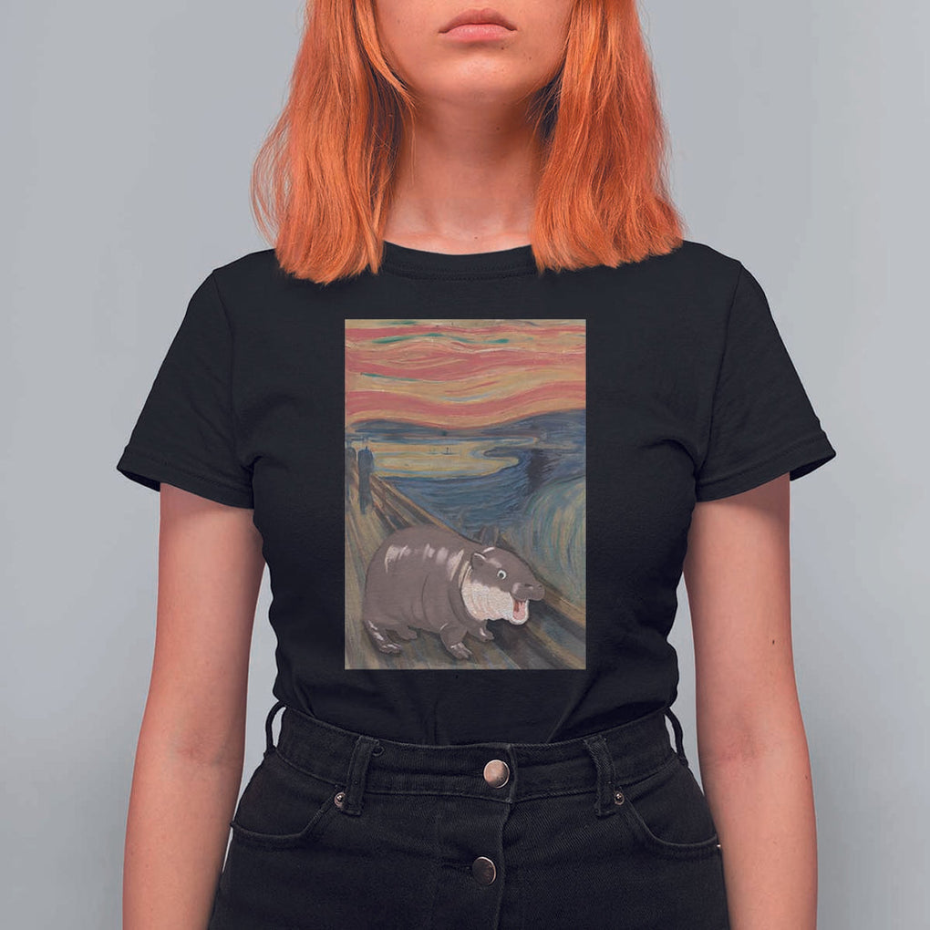 Funny Moo Deng T Shirt For Women Cute Hippo Zoo Scream Art Meme Baby Pygmy Edvard Munch TS11 Black Print Your Wear