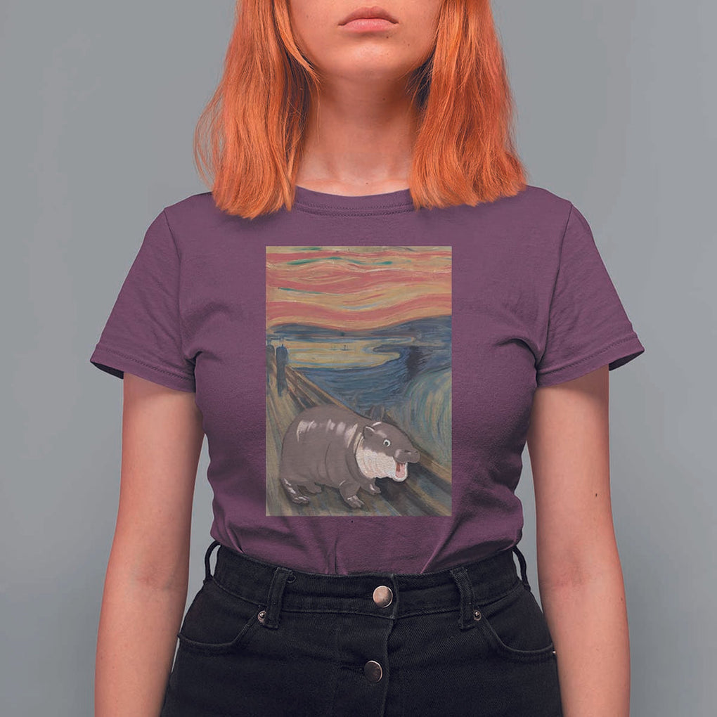 Funny Moo Deng T Shirt For Women Cute Hippo Zoo Scream Art Meme Baby Pygmy Edvard Munch TS11 Maroon Print Your Wear