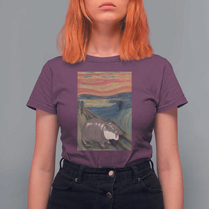 Funny Moo Deng T Shirt For Women Cute Hippo Zoo Scream Art Meme Baby Pygmy Edvard Munch TS11 Maroon Print Your Wear