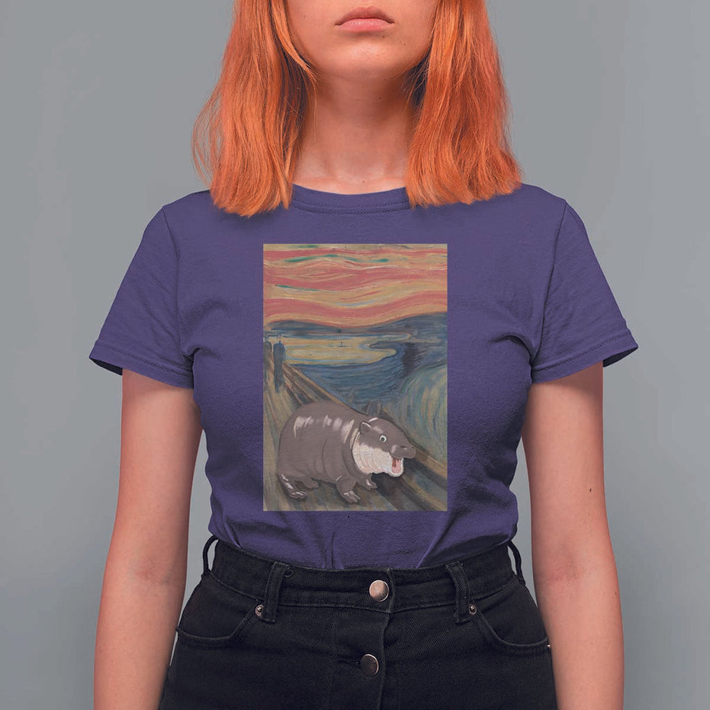 Funny Moo Deng T Shirt For Women Cute Hippo Zoo Scream Art Meme Baby Pygmy Edvard Munch TS11 Purple Print Your Wear