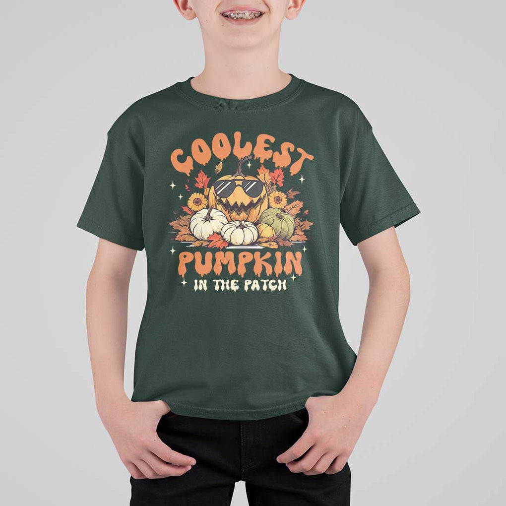 Funny Halloween T Shirt For Kid Coolest Pumpkin In The Patch Autumn Maple Leaf Flower TS11 Dark Forest Green Print Your Wear