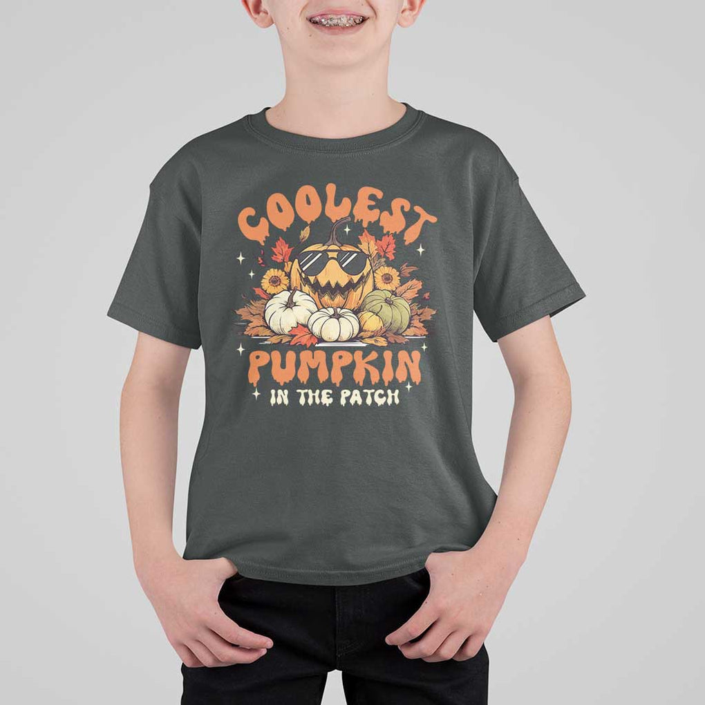 Funny Halloween T Shirt For Kid Coolest Pumpkin In The Patch Autumn Maple Leaf Flower TS11 Dark Heather Print Your Wear
