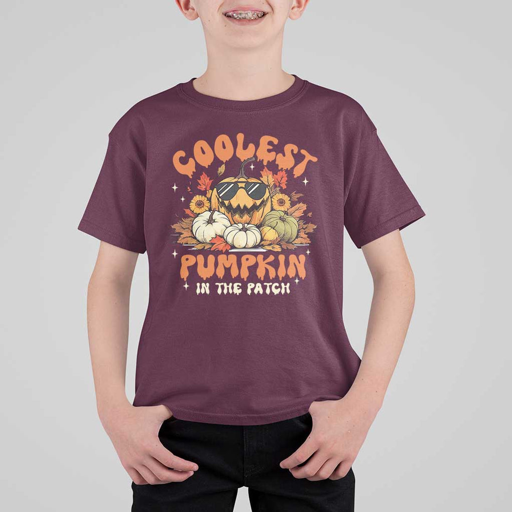 Funny Halloween T Shirt For Kid Coolest Pumpkin In The Patch Autumn Maple Leaf Flower TS11 Maroon Print Your Wear