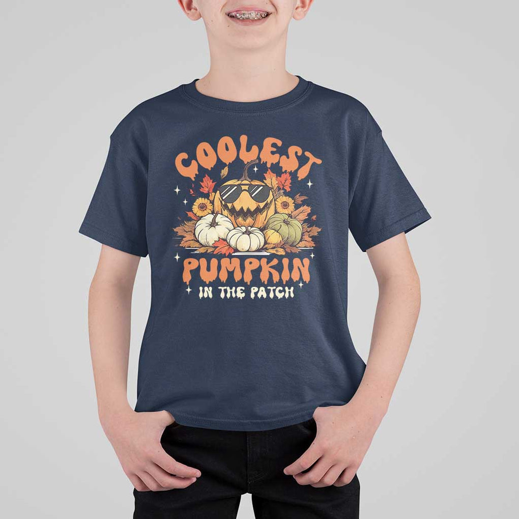 Funny Halloween T Shirt For Kid Coolest Pumpkin In The Patch Autumn Maple Leaf Flower TS11 Navy Print Your Wear