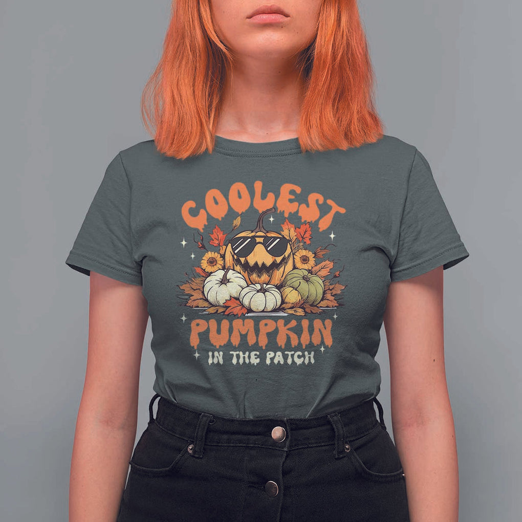 Funny Halloween T Shirt For Women Coolest Pumpkin In The Patch Autumn Maple Leaf Flower TS11 Dark Heather Print Your Wear