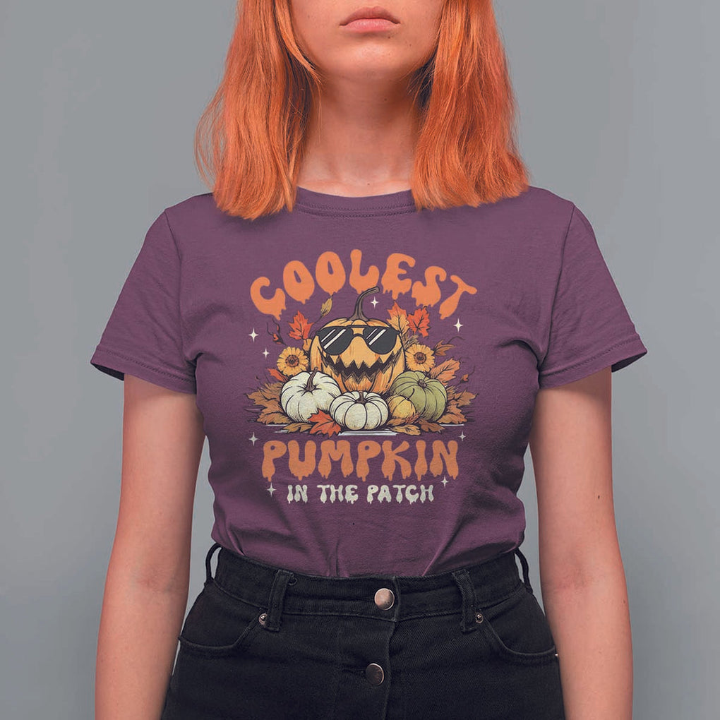 Funny Halloween T Shirt For Women Coolest Pumpkin In The Patch Autumn Maple Leaf Flower TS11 Maroon Print Your Wear
