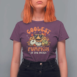 Funny Halloween T Shirt For Women Coolest Pumpkin In The Patch Autumn Maple Leaf Flower TS11 Maroon Print Your Wear