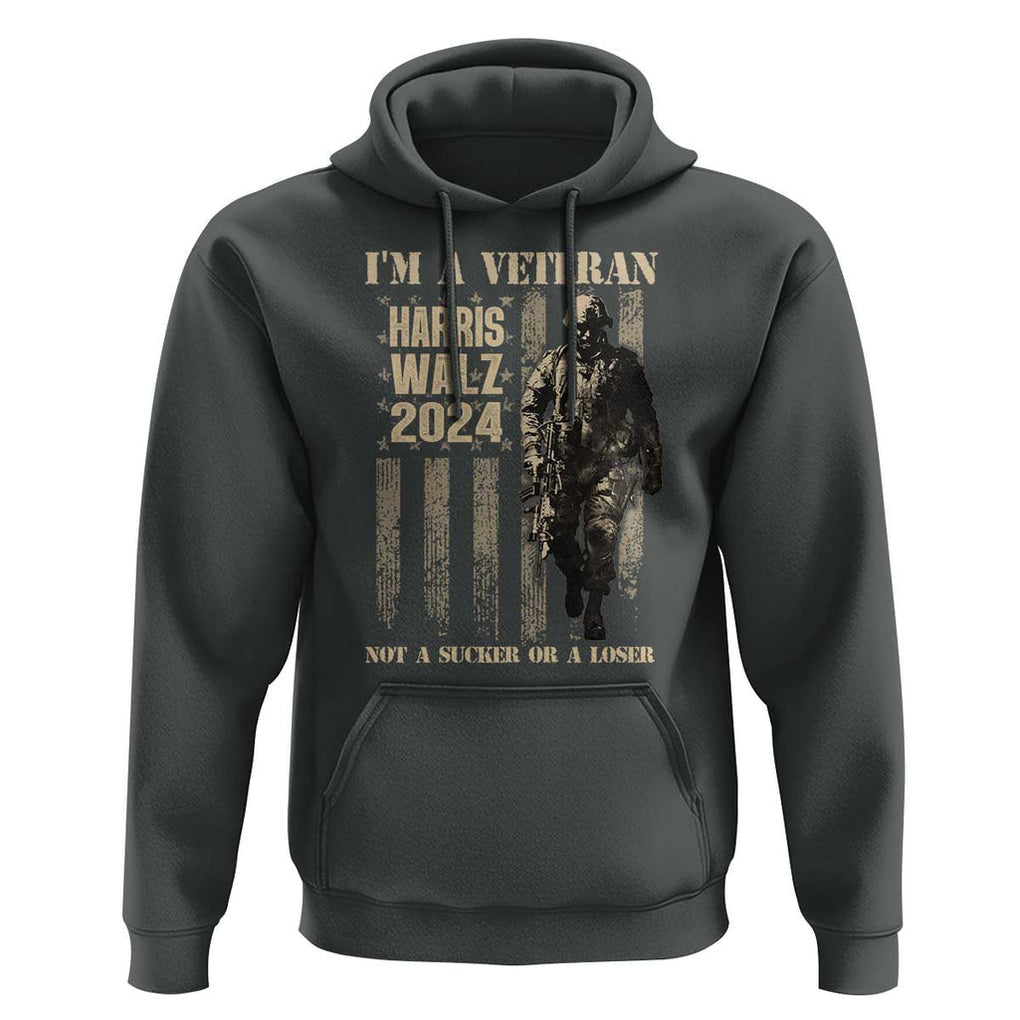 Harris Walz 2024 Hoodie I'm A Veteran Not A Sucker Or A Loser Vintage American Flag Military TS11 Dark Heather Print Your Wear