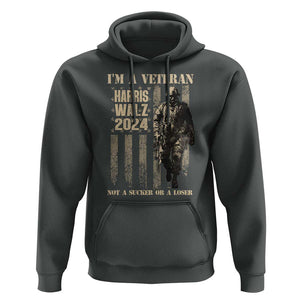 Harris Walz 2024 Hoodie I'm A Veteran Not A Sucker Or A Loser Vintage American Flag Military TS11 Dark Heather Print Your Wear