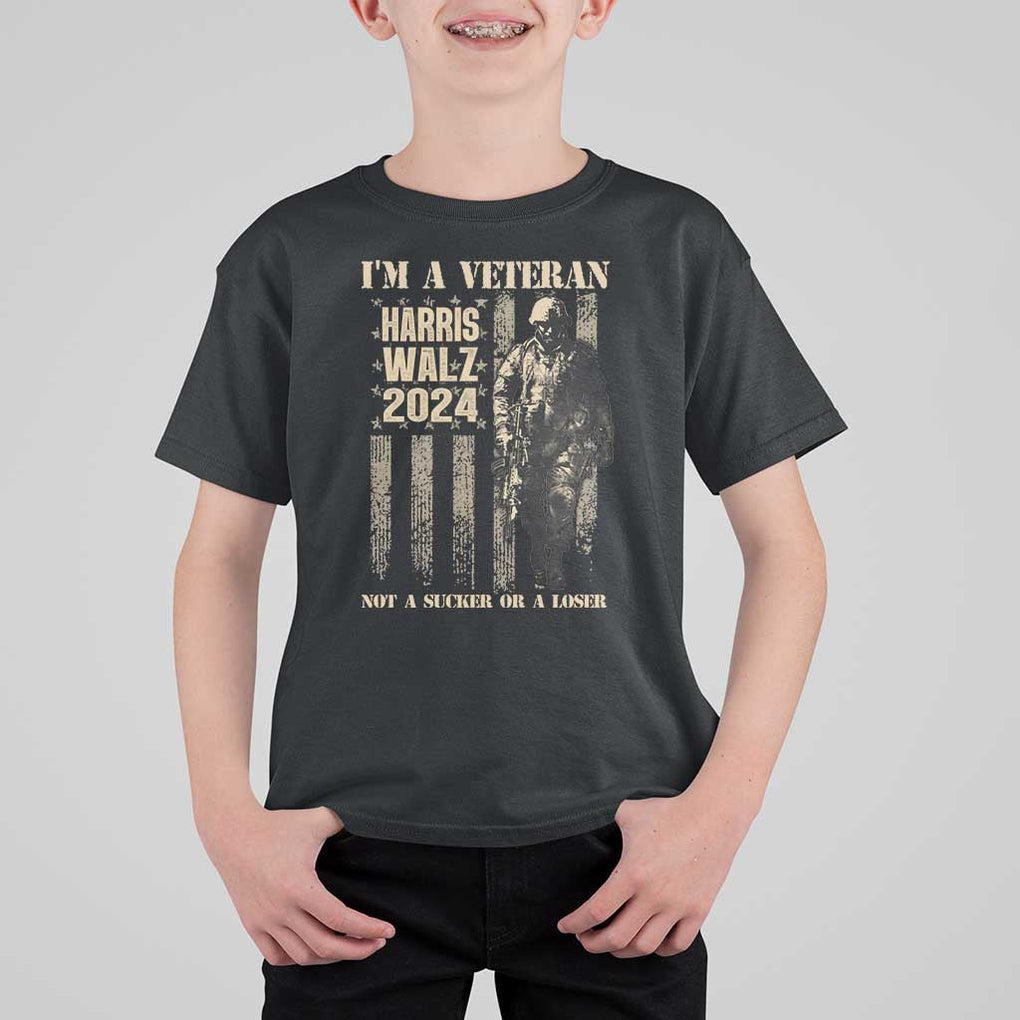 Harris Walz 2024 T Shirt For Kid I'm A Veteran Not A Sucker Or A Loser Vintage American Flag Military TS11 Black Print Your Wear