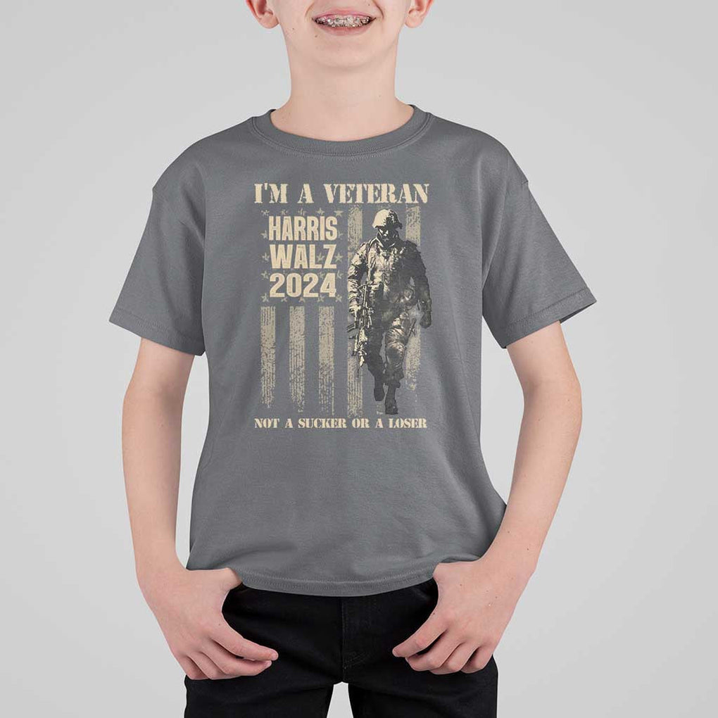 Harris Walz 2024 T Shirt For Kid I'm A Veteran Not A Sucker Or A Loser Vintage American Flag Military TS11 Charcoal Print Your Wear