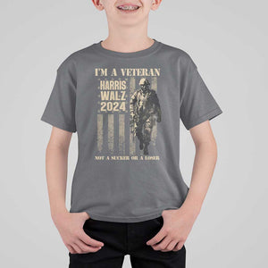 Harris Walz 2024 T Shirt For Kid I'm A Veteran Not A Sucker Or A Loser Vintage American Flag Military TS11 Charcoal Print Your Wear