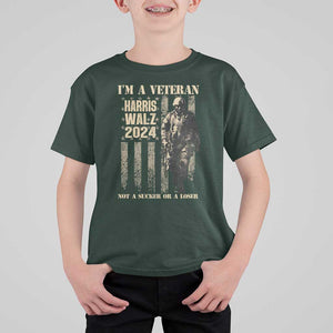 Harris Walz 2024 T Shirt For Kid I'm A Veteran Not A Sucker Or A Loser Vintage American Flag Military TS11 Dark Forest Green Print Your Wear